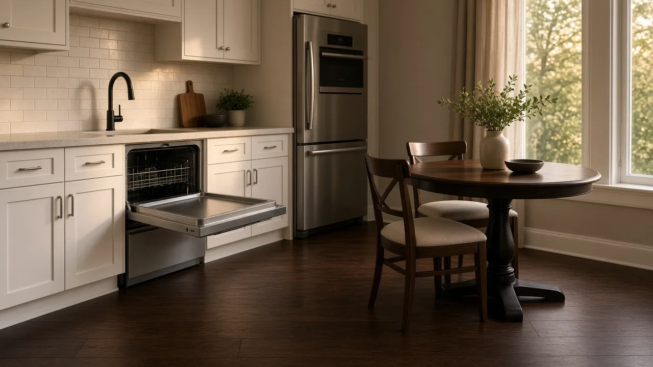 Open dishwasher door stopping short of a round breakfast table, with a clear dark oak walk between the appliance and the chairs