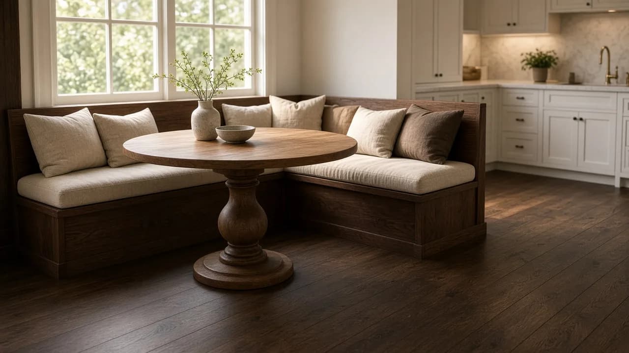 American kitchen nook with an L-shaped walnut banquette, a round pedestal oak table, and a wide dark oak floor in the foreground