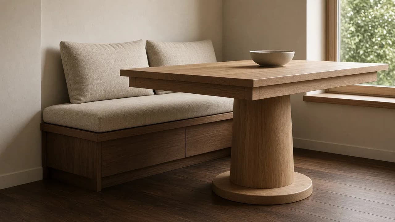 Side view of a linen banquette cushion under an oak table on a pedestal, with clear space between the seat and the table apron