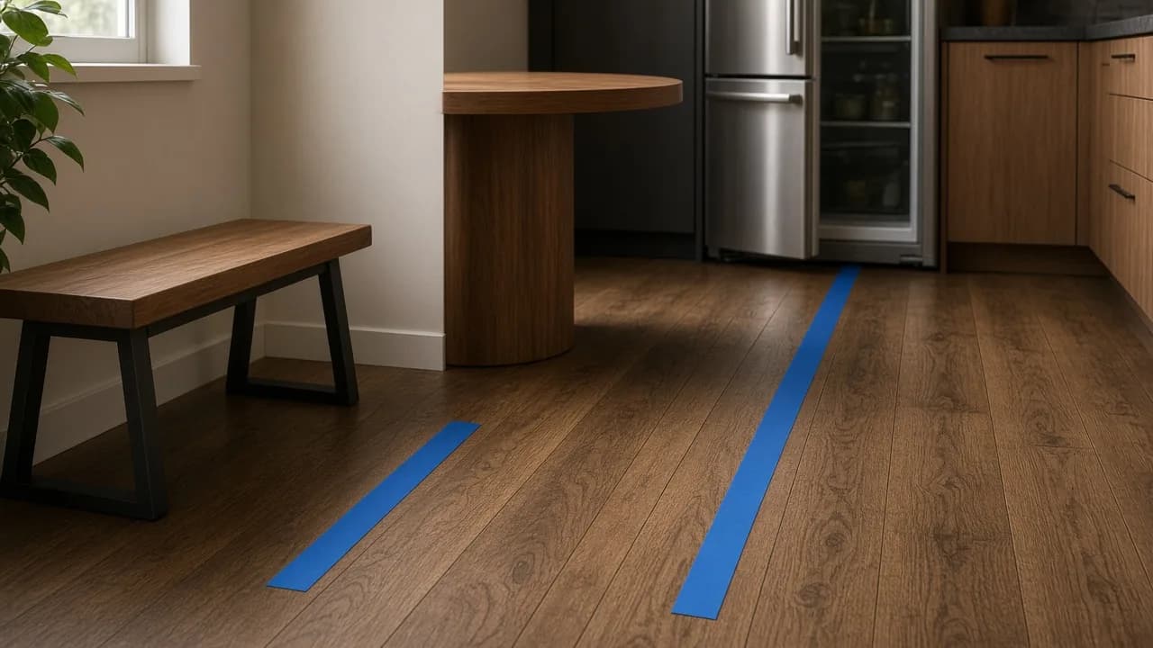 Blue painter's tape on a dark oak kitchen floor marking the gap between a bench and a table, and a separate path toward the refrigerator