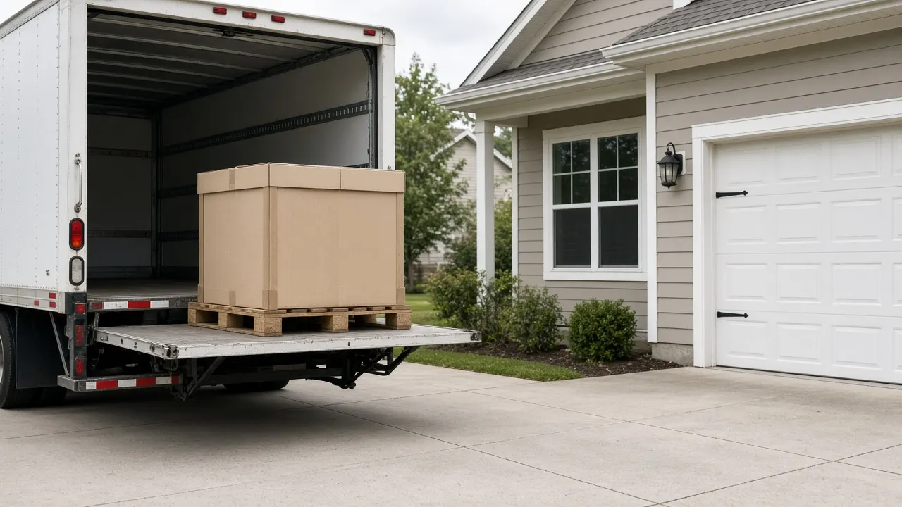 Liftgate truck at a suburban American driveway lowering a large furniture carton on a pallet to the ground for curbside delivery