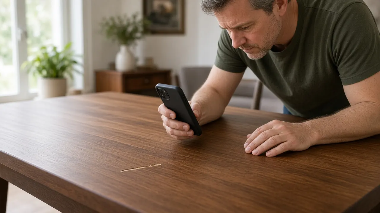 Homeowner photographing a scratch on a newly delivered wood table surface with a smartphone during furniture delivery inspection