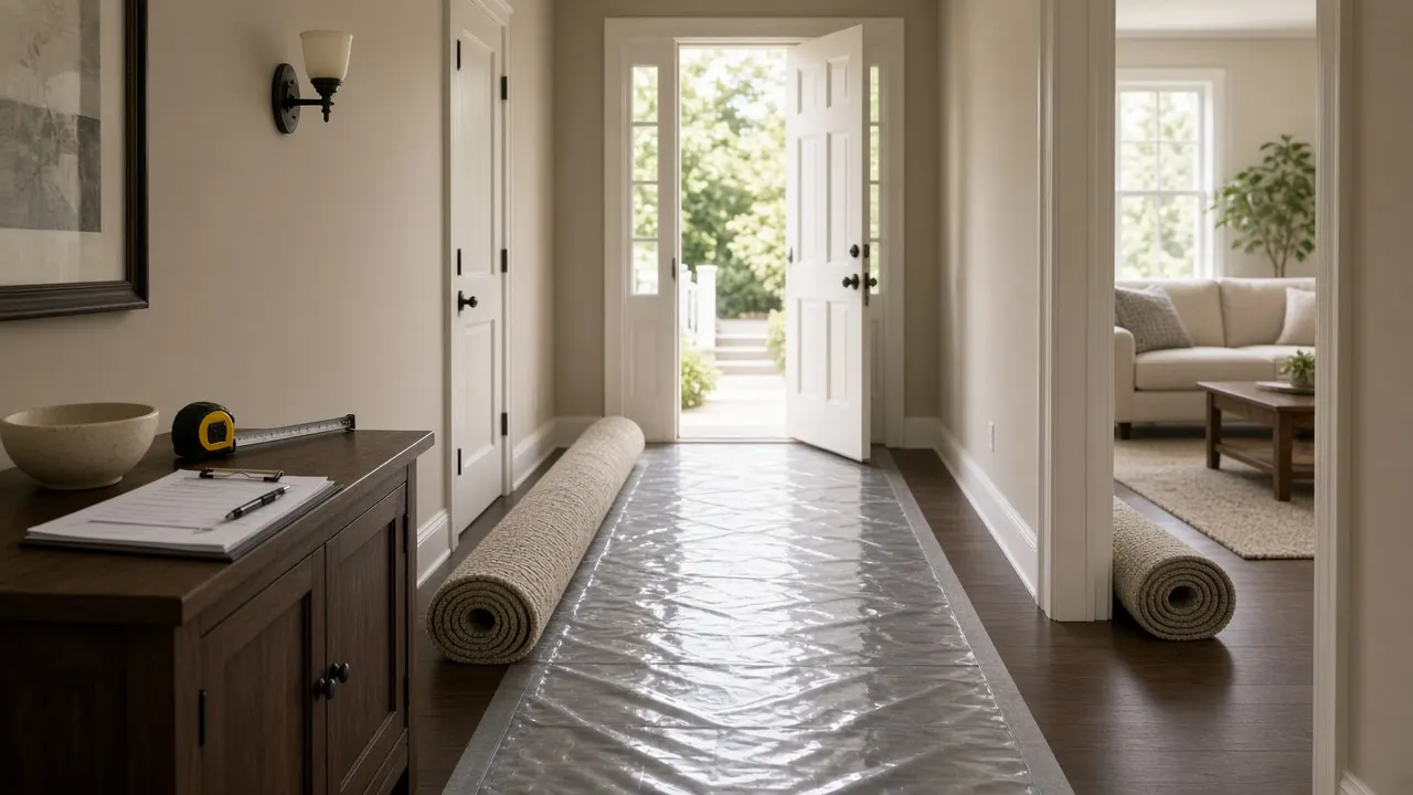 Cleared American home hallway from front door to living room with floor protection film, rolled rug aside, and delivery paperwork on a console
