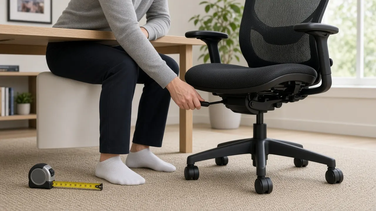 Person adjusting an ergonomic office chair height at a home desk with feet positioned for a supported seated posture