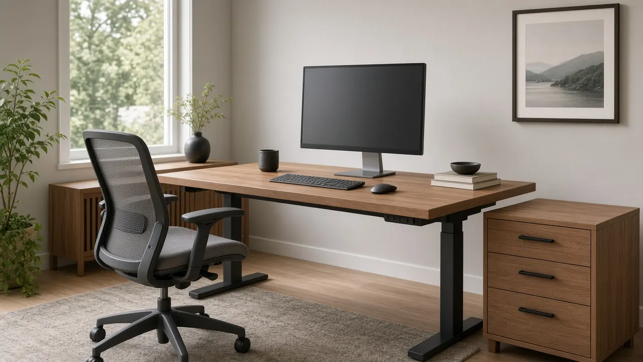 Bright American home office with a wood sit-stand desk, mesh ergonomic chair, and monitor positioned at eye level near a sunlit window