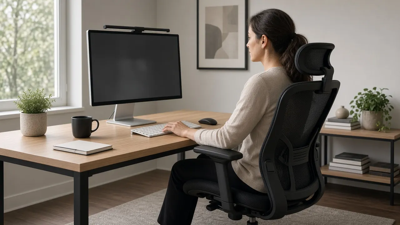 Side view of an ergonomic home office desk with monitor near eye level and keyboard at elbow height beside an office chair