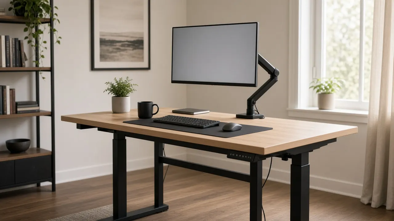 Electric sit-stand desk raised to standing height in a sunlit American home office with keyboard and monitor positioned for upright work