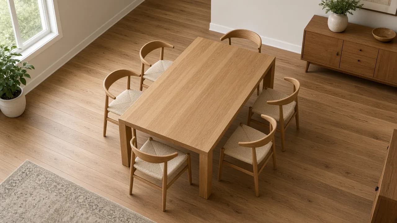 Elevated view of a light oak dining table with chairs slightly pulled out, showing open hardwood floor clearance between the table and surrounding walls