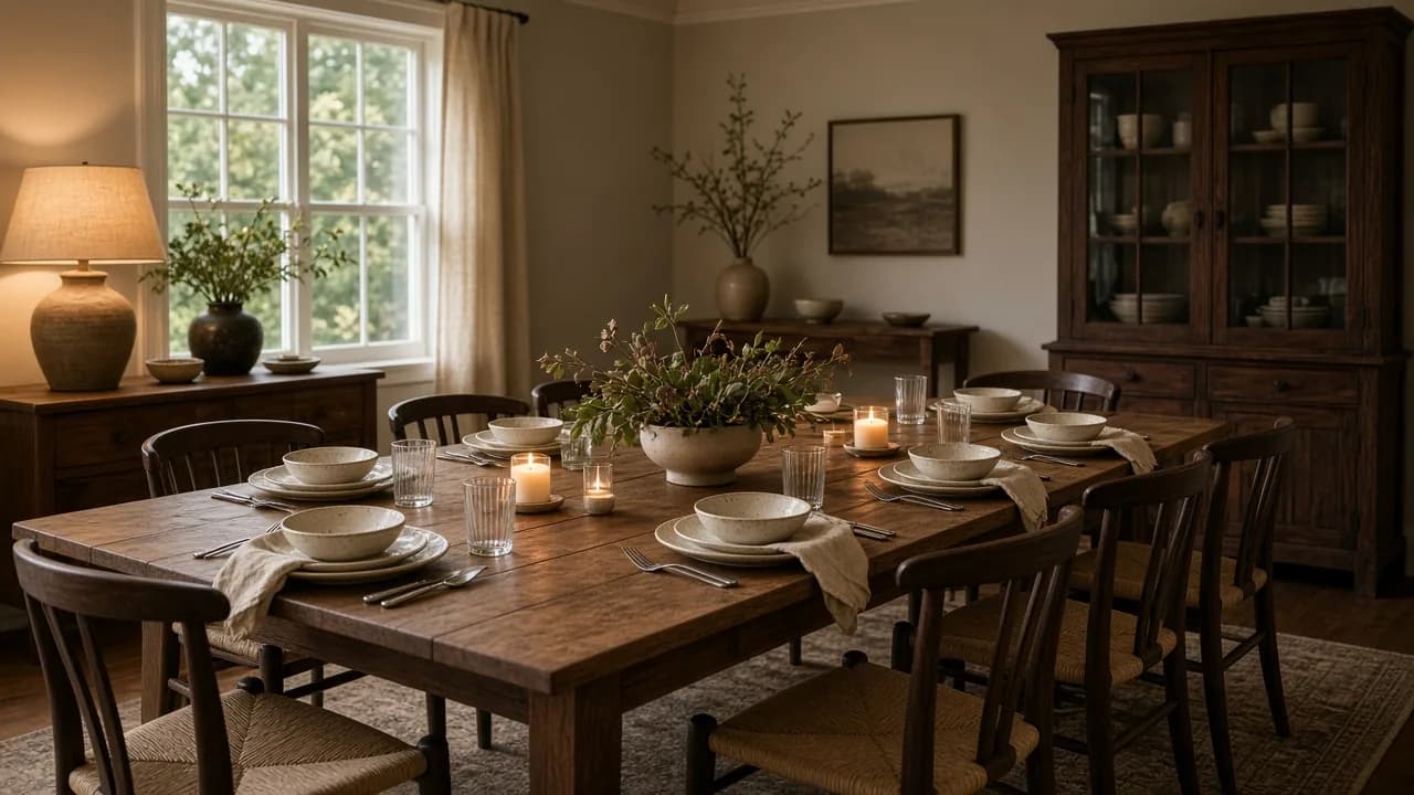 Extended wood dining table set with multiple place settings for holiday hosting in a warmly lit American dining room