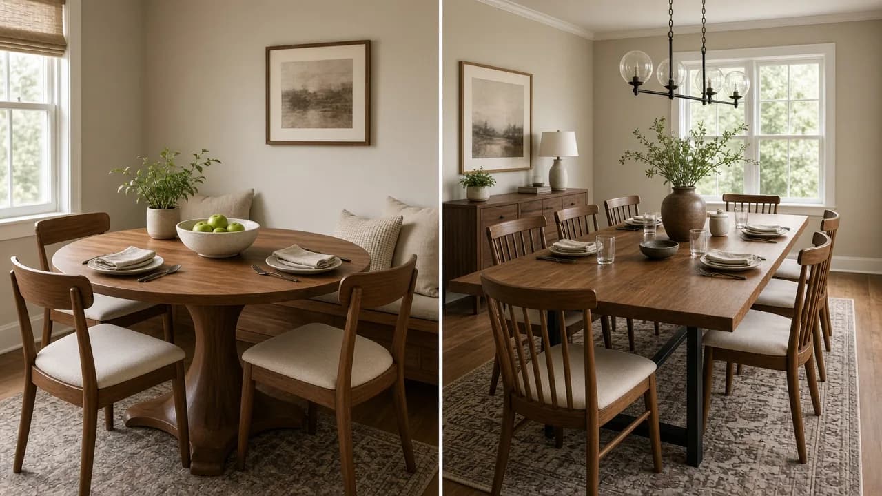 Side-by-side comparison of a round pedestal dining table in a compact nook and a long rectangular dining table in a longer American dining room