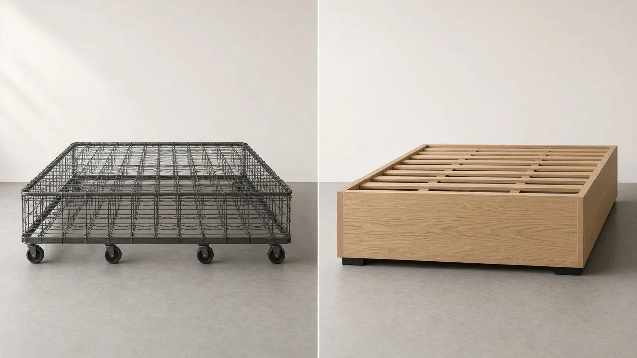 Side-by-side comparison of a metal-wire box spring and a rigid wooden mattress foundation on a light studio floor