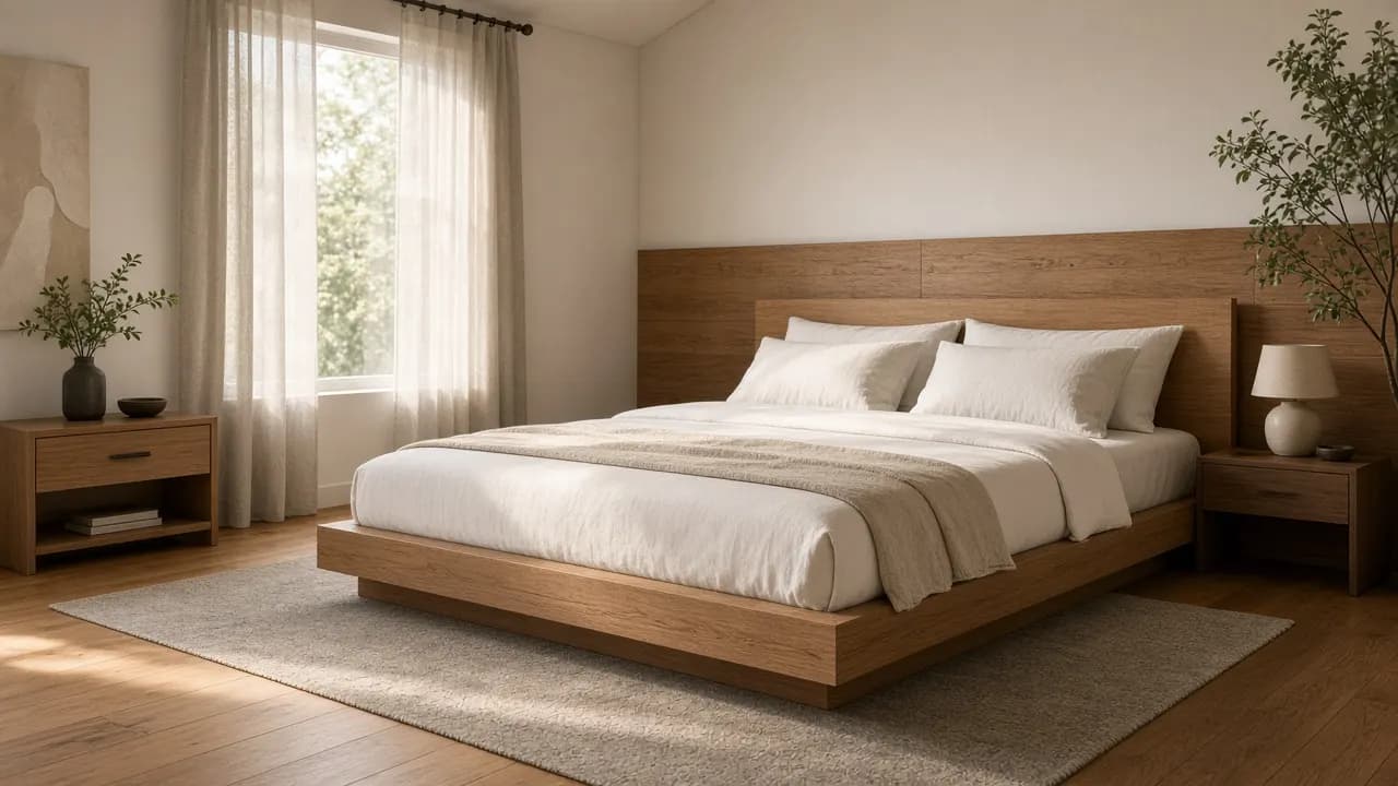 Modern American primary bedroom with an oak platform bed and thick hybrid mattress in white bedding under soft morning light