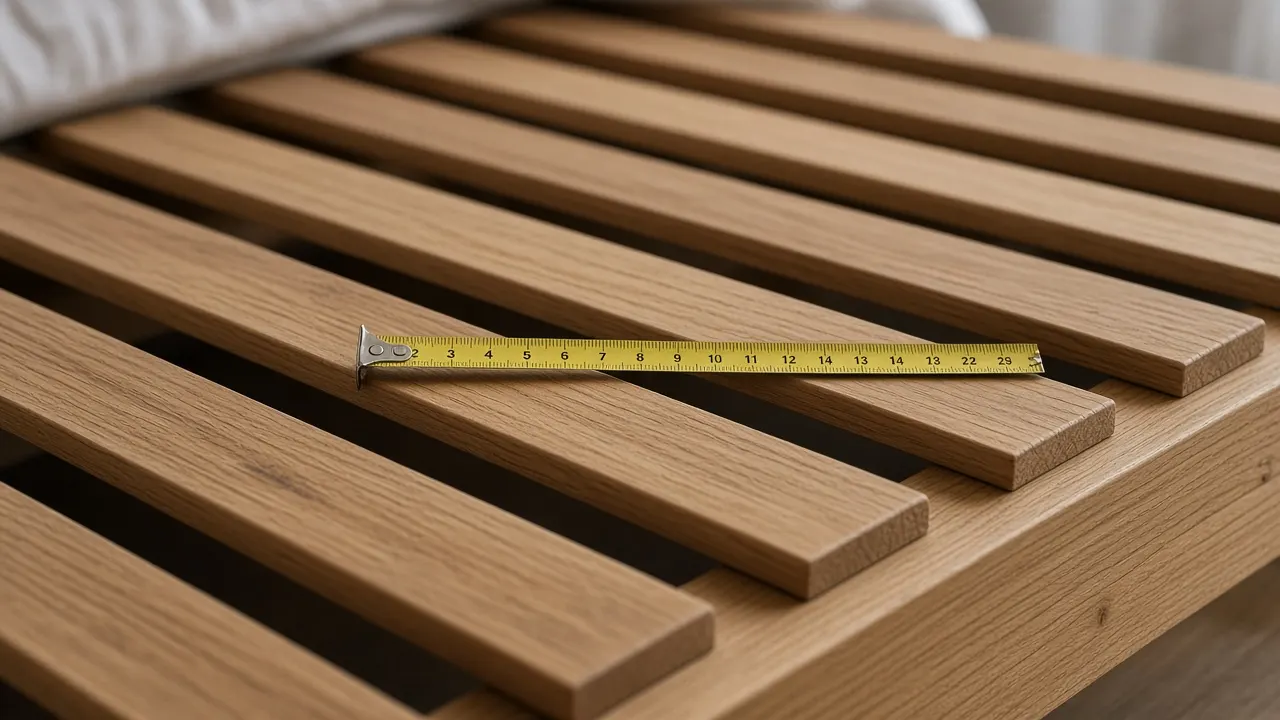 Yellow tape measure checking the gap between wooden platform bed slats for mattress warranty spacing