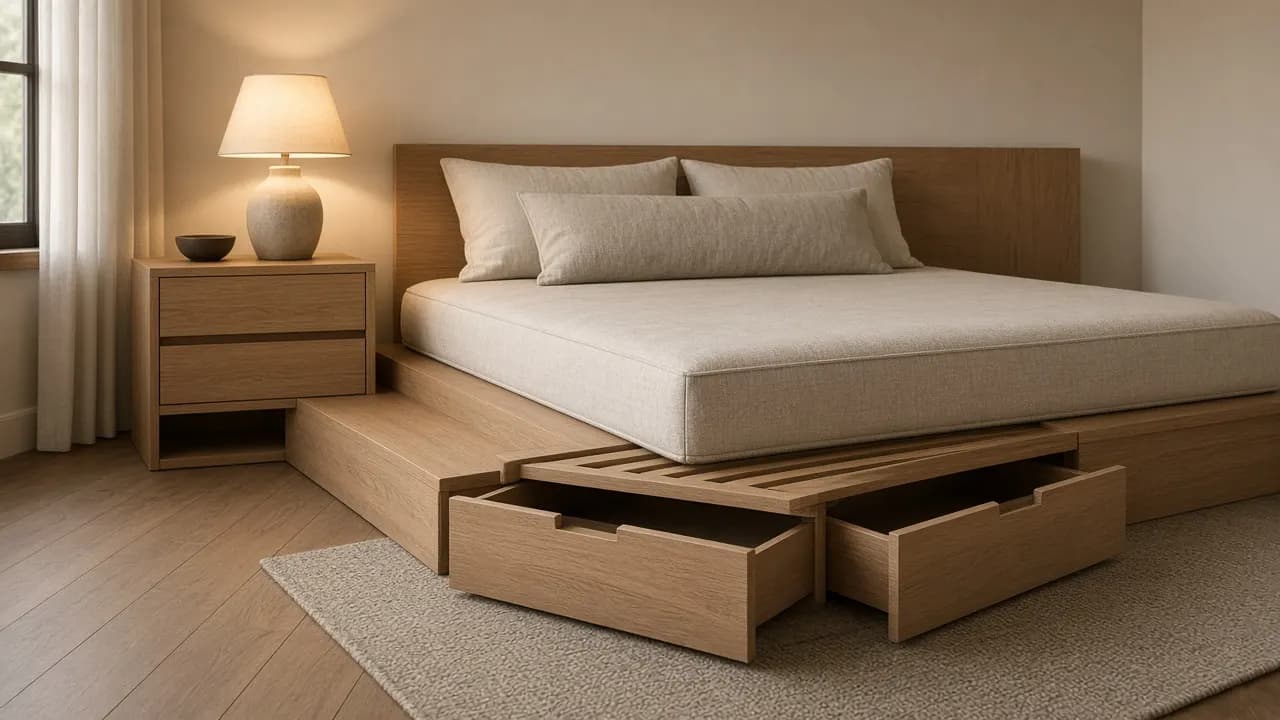 Bedroom with a storage platform bed, open under-bed drawers, and a nightstand aligned with the mattress top height