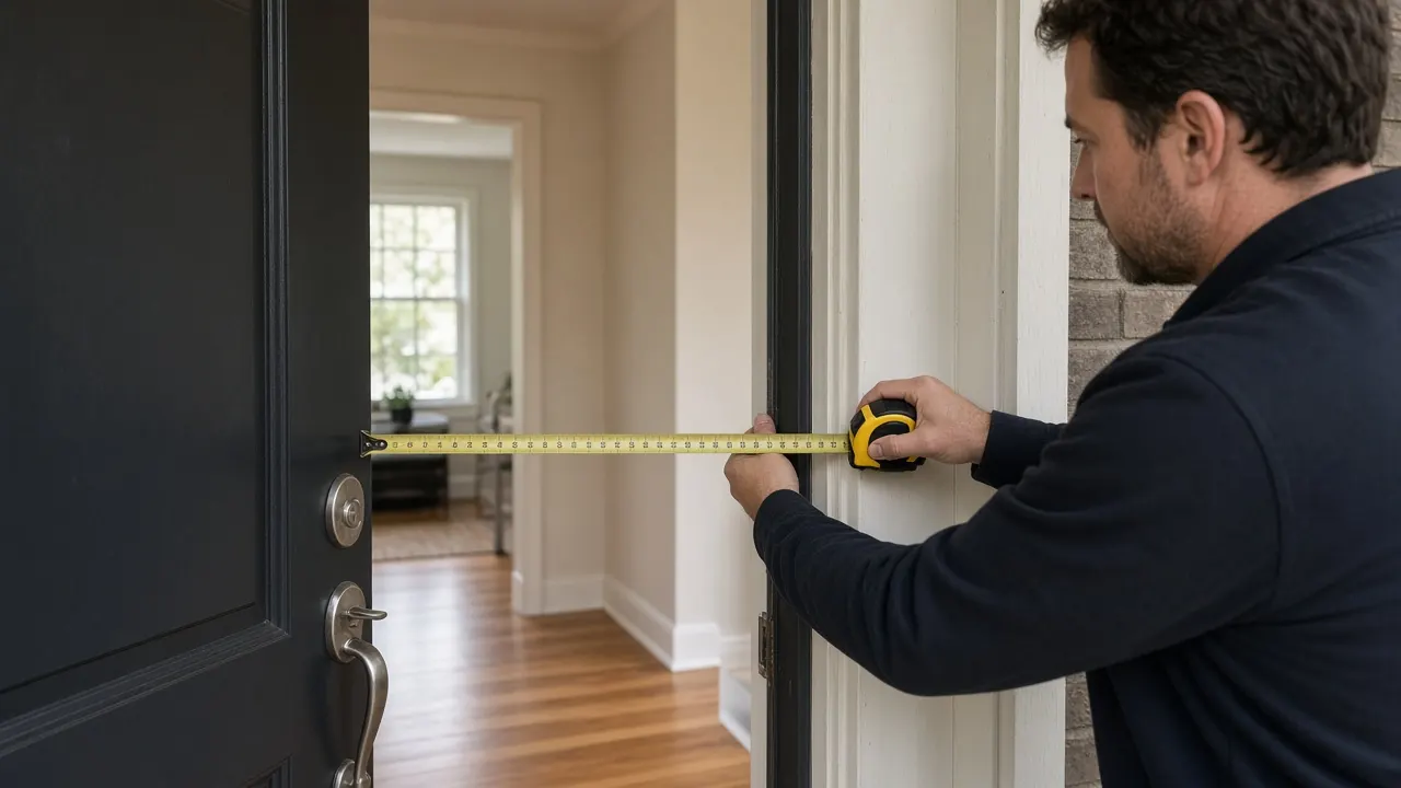 Tape measure checking the clear width of an open front doorway for sofa delivery into an American home hallway