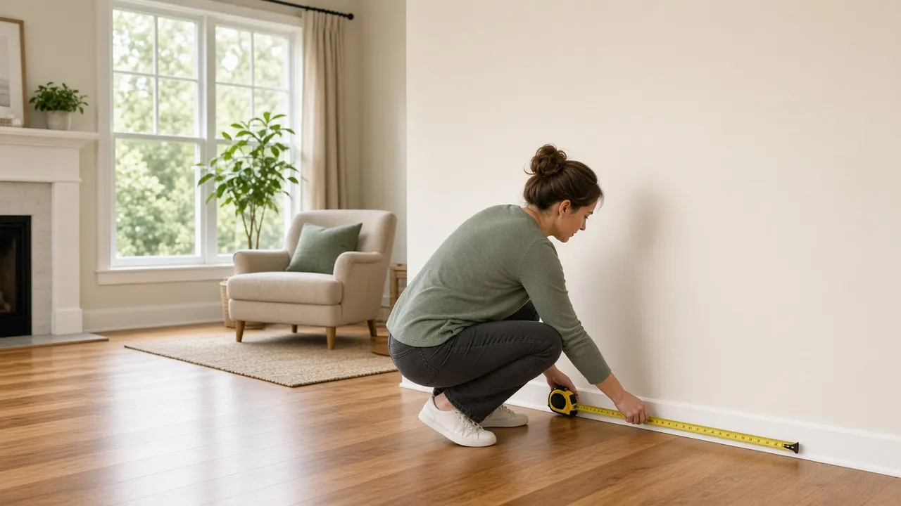 Person measuring a living room wall with a yellow tape measure to plan sofa placement in a bright American home with hardwood floors