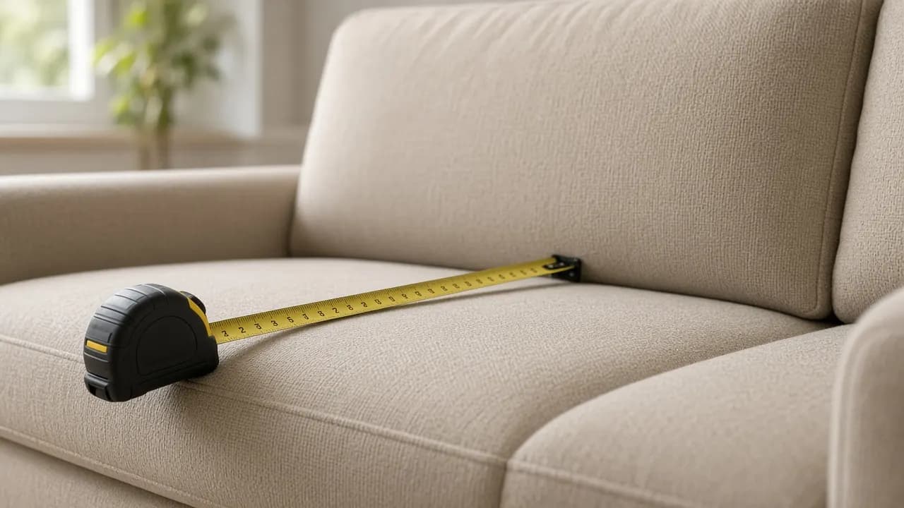 Close-up of a tape measure checking sofa seat depth from the front cushion edge to the back cushion on a beige modern sofa