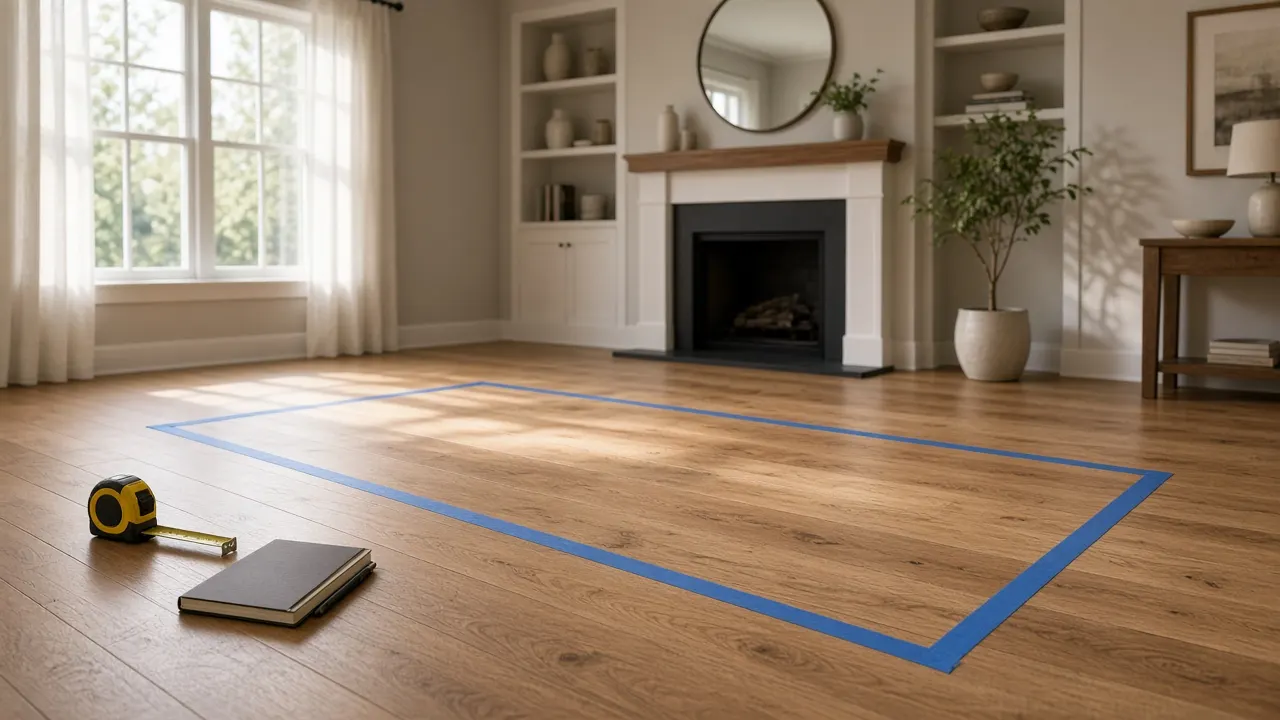 Blue painter tape outlining a rectangular sofa footprint on oak hardwood flooring with a tape measure nearby in an American living room