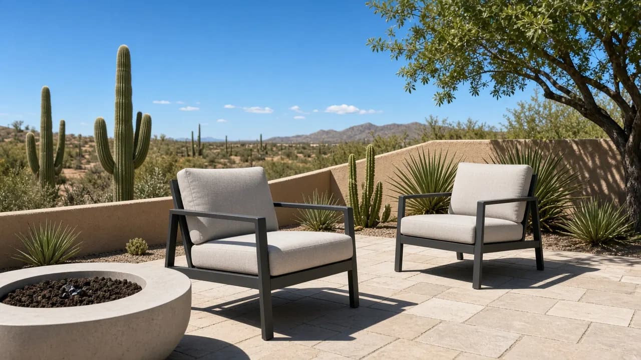 Powder-coated aluminum outdoor lounge chairs with performance fabric cushions on a sunny Southwest desert patio under blue sky