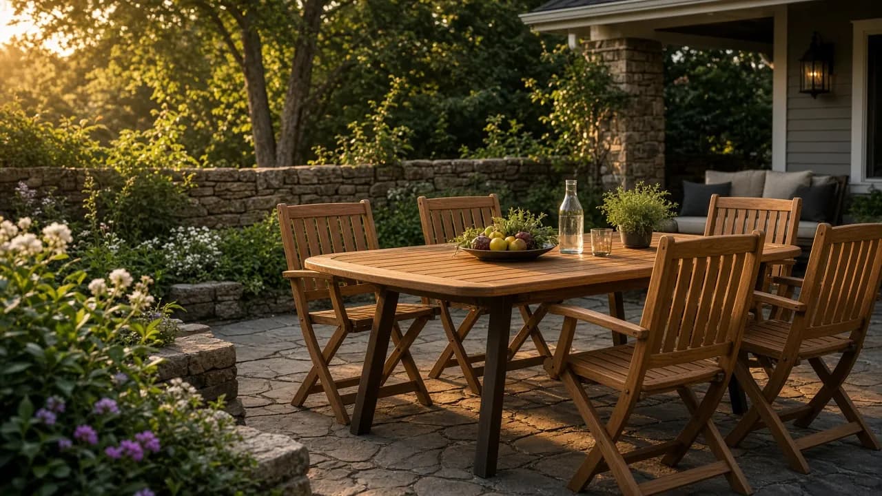 American backyard patio with a teak outdoor dining table and chairs in warm evening light on a stone terrace surrounded by greenery