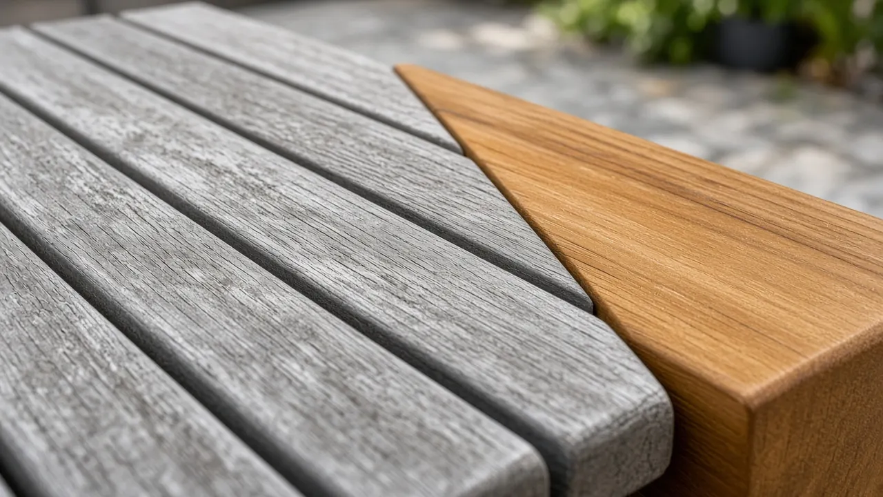 Close-up comparison of weathered silver-gray teak grain beside richer golden oiled teak on an outdoor patio bench