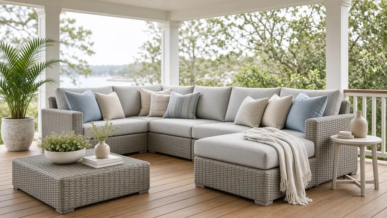 HDPE resin wicker outdoor sectional with performance cushions on a covered American porch in soft coastal daylight