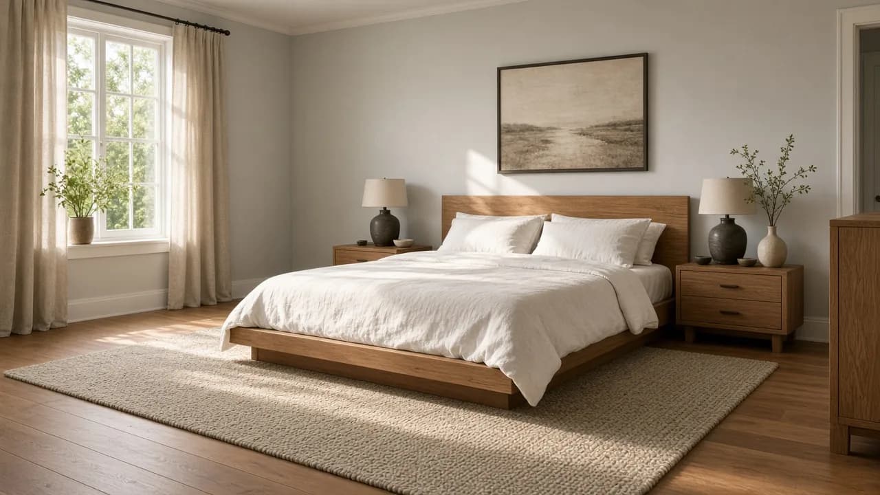 Oak platform bed in white linen on a wool area rug that extends past both sides of the mattress onto hardwood, morning light