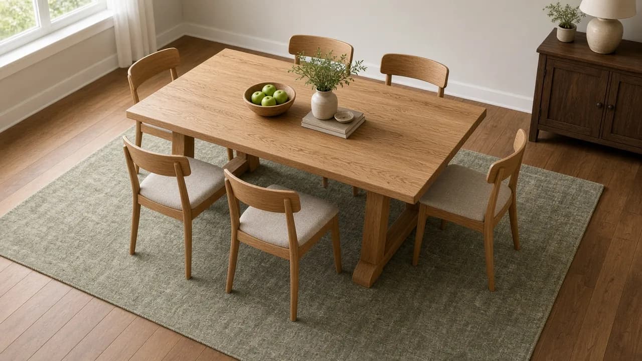 Six-person oak dining table on a sage area rug with two chairs pulled out and all four chair legs still on the rug