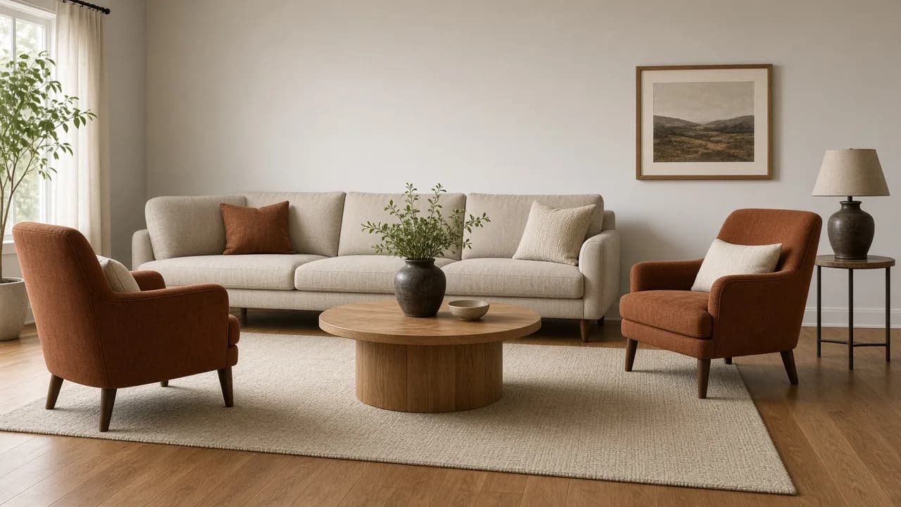 Oatmeal sofa and two rust chairs with front legs on a cream wool area rug, coffee table fully on the rug, oak floor border visible in an American living room