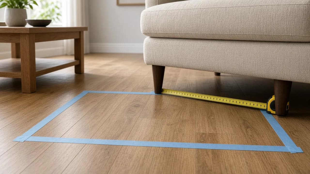 Painter’s tape rug outline on oak flooring with a tape measure at the front legs of a linen sofa