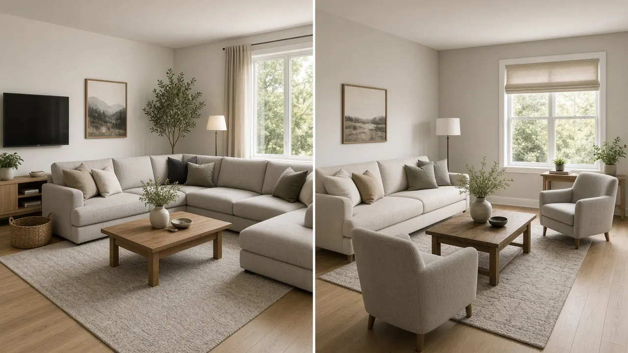 Comparison of an L-shaped sectional in a family TV living room and a straight sofa with open walkways in a narrower American living room