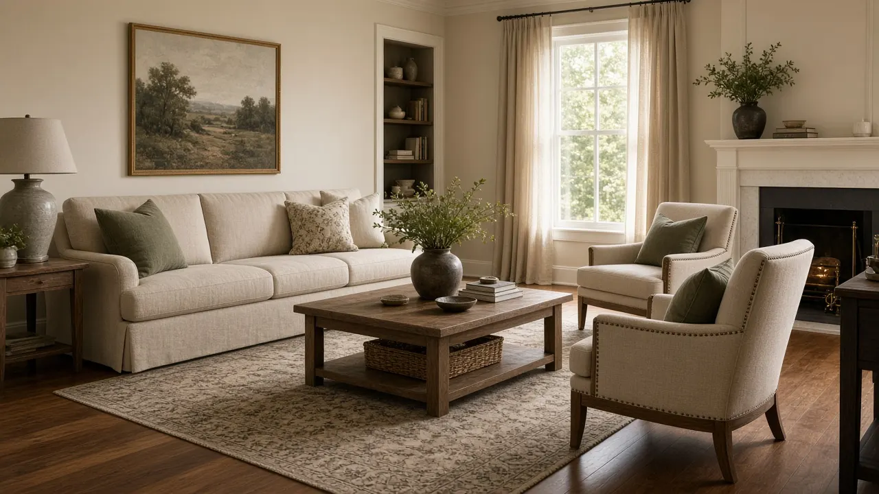 American living room with a linen three-seat sofa and two accent chairs arranged for conversation around a coffee table in warm daylight