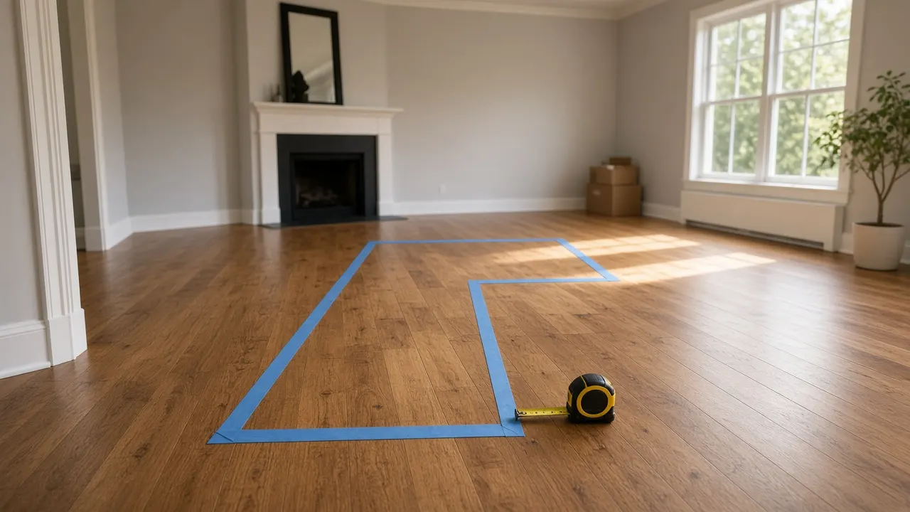 Blue painter tape outlining an L-shaped sectional footprint on hardwood floor with a tape measure in an empty American living room