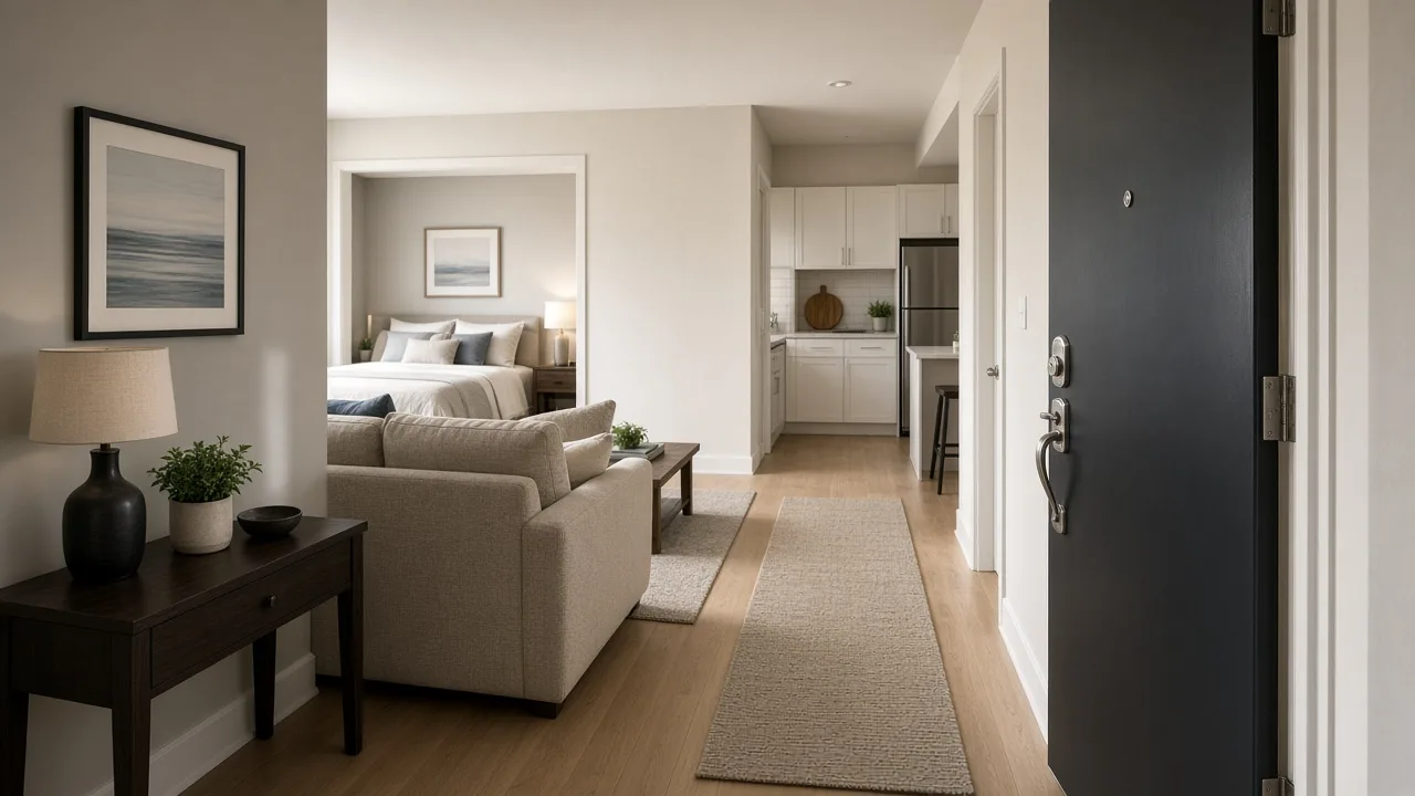 Apartment entry path with a sofa back defining a sleeping zone and a clear walkway from the door toward the kitchen