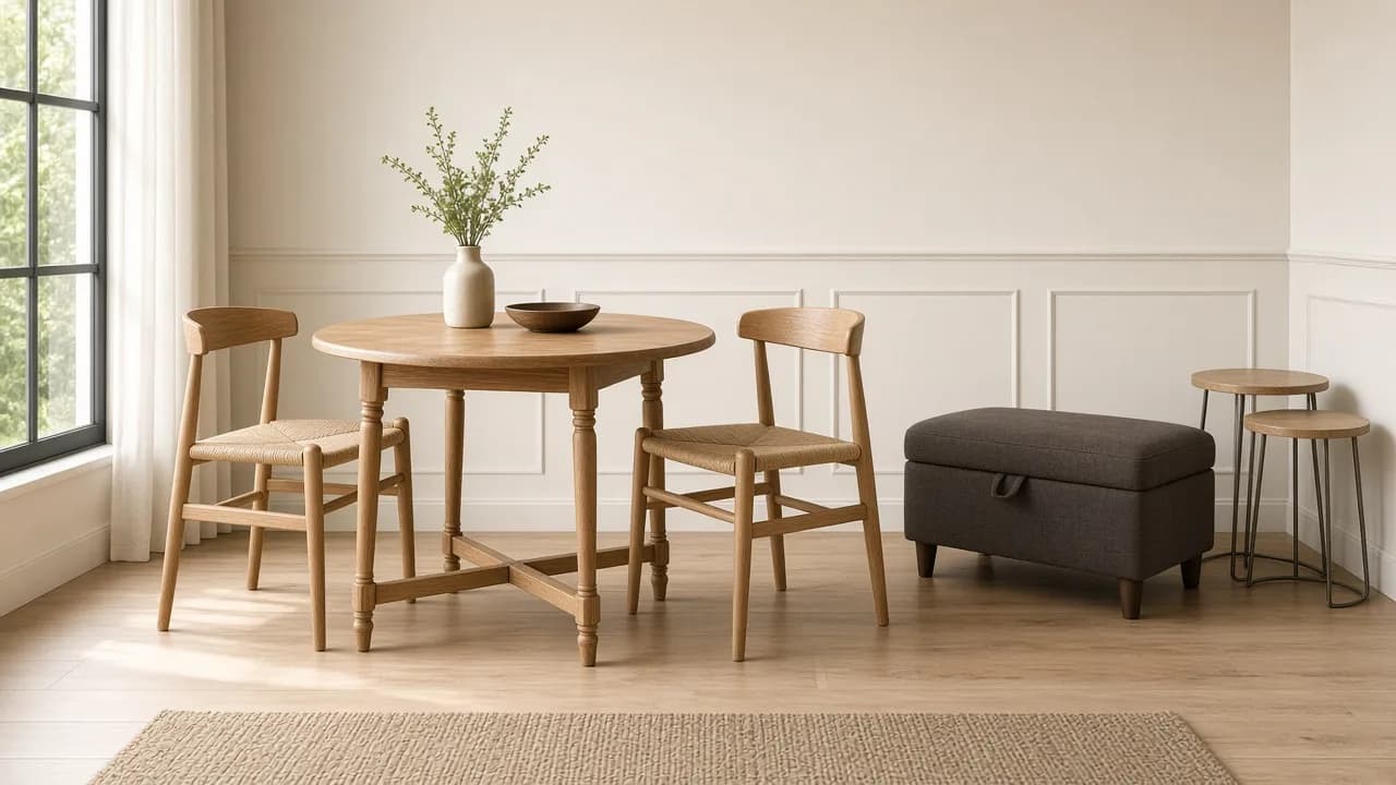 Round oak dining table for two with slim chairs, a storage ottoman, and nesting tables, all on visible legs in a small apartment