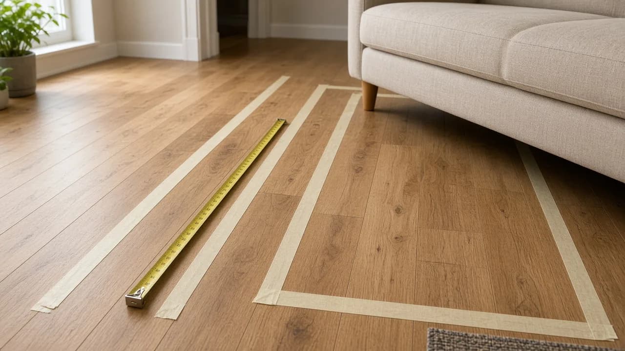 Painter’s tape marking a sofa footprint and a walkway on oak flooring with a tape measure along the path