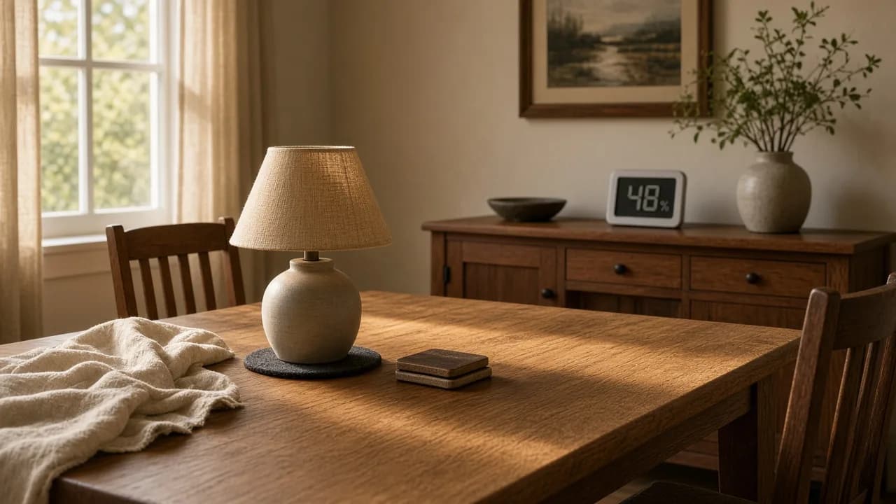 Oak dining table in an American dining room with coasters, a felt-based lamp, and a small hygrometer on the sideboard