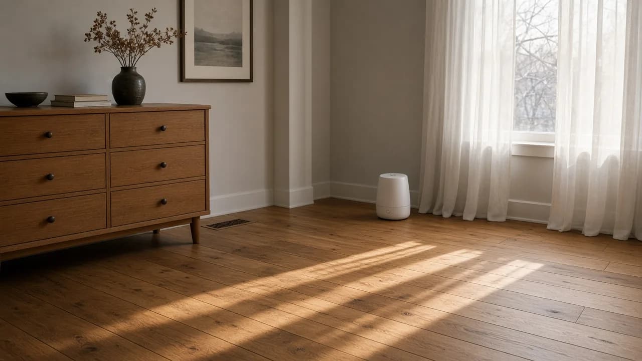 Winter living room with a hardwood dresser set away from a floor heating vent and a humidifier across the room, sheer curtains on the window