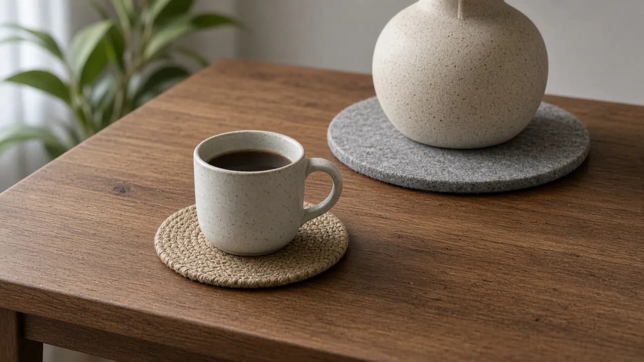 Felt pads under a lamp base and a trivet under a mug on a wood side table