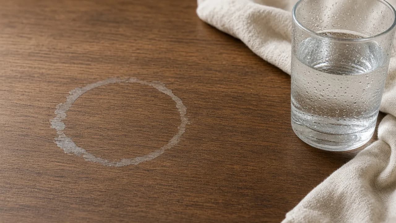 Cloudy white water ring on a walnut tabletop beside a sweating glass and a cotton cloth