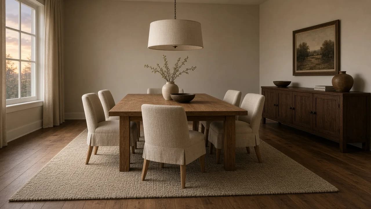 American dining room with an oak table, linen chairs fully on a wool rug, a pendant centered over the table, and a walnut sideboard on the far wall