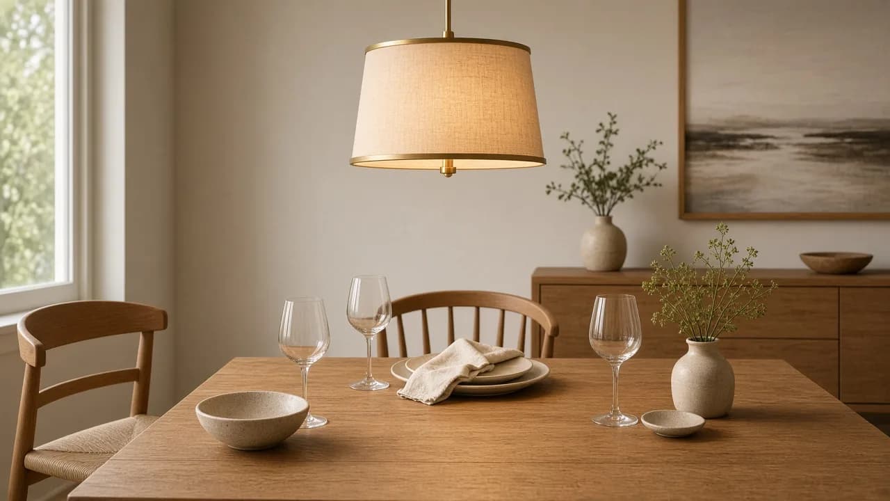 Linen pendant hanging over an oak dining table at a height that still shows the chair and the person across the table