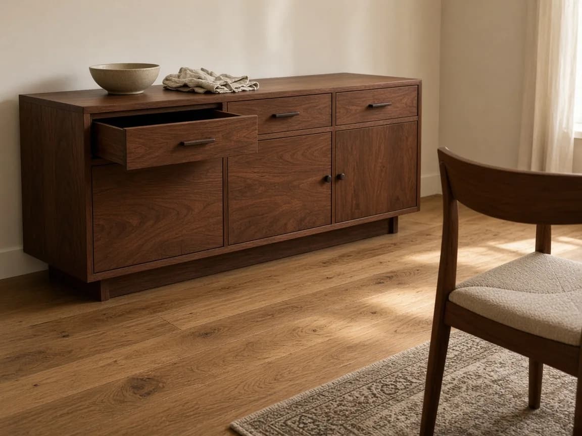 Walnut dining sideboard with one drawer open and a clear oak floor between the case and a dining chair