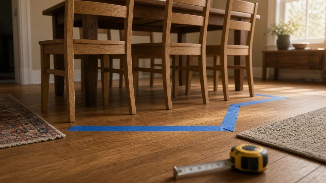 Oak dining chairs pulled from the table with blue painter’s tape marking the walking path on the floor behind them