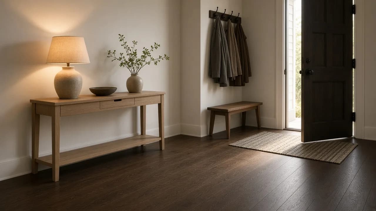 American entry with a shallow oak console, a bench set off the open door, coats on hooks, and a dark oak floor in the foreground