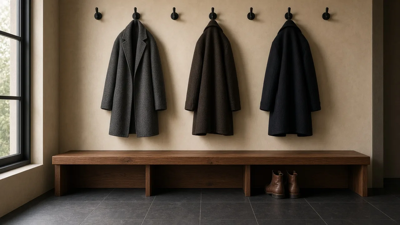 Wool coats hanging from black hooks with clear space between the hems and a walnut bench, boots stored in a cubby below