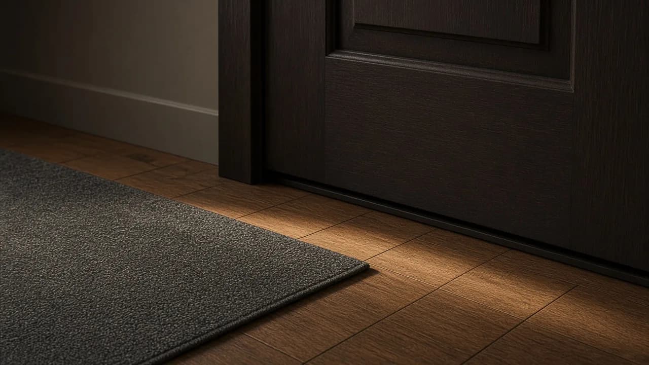 Charcoal flatweave runner stopping short of a dark front door so the door sweep sits on bare oak, not on the rug