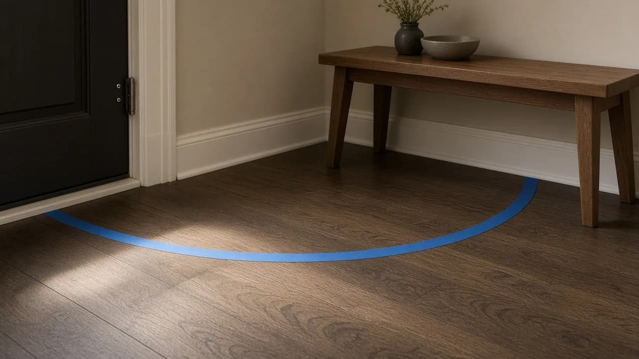 Blue painter's tape marking a front-door swing arc on a dark oak floor, with a wood bench sitting outside the arc