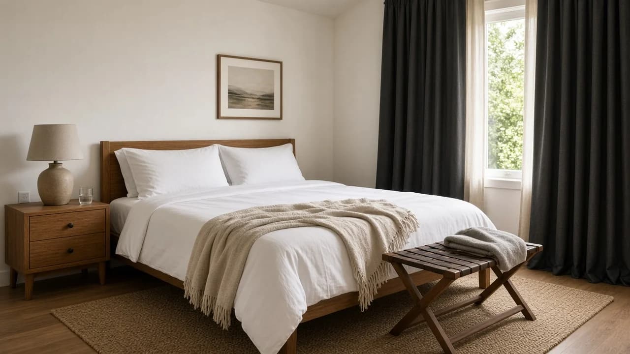 Small guest bedroom with a made queen bed, a folding luggage rack under the window, a rolling desk pushed against the wall, and blackout curtains drawn back