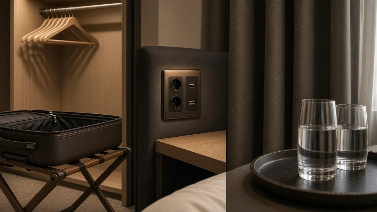 Bedside tray in a guest bedroom holding a water carafe and glass, a folded towel, a phone charging cable, and a handwritten Wi-Fi card